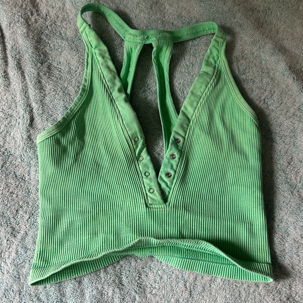 Stylish Green Ribbed Crop Top with Button Accents